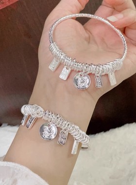 纯银串珠盘缠吉言手镯招财猫镯子