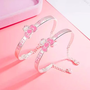 999纯银手镯宝宝KT猫卡通猫咪公主蝴蝶结银镯子女亲子款手链礼物