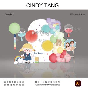 INS风可爱宝宝宴百天满月生日派对牌矢量AI设计素材