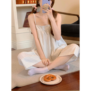 吊带睡衣女夏季背心八分裤韩版简约休闲条纹全棉布家居服两件套装