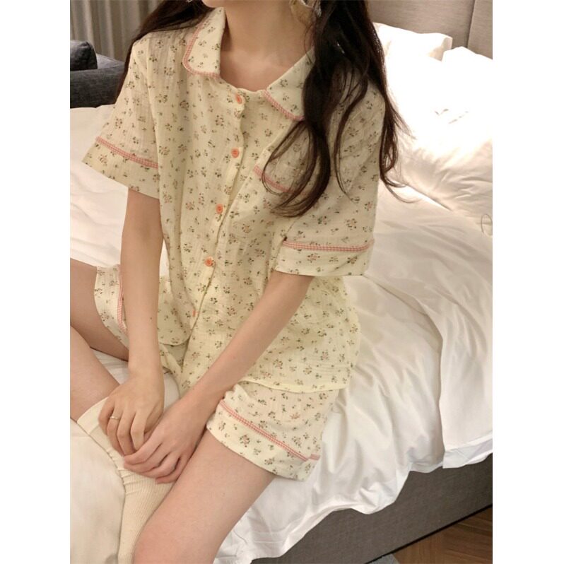全棉睡衣女夏季韩版甜美小碎花撞色格子花边娃娃领双层纱短袖套装