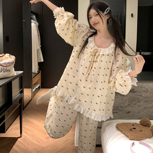 可爱花边娃娃领全棉睡衣女春秋季甜美蝴蝶结长袖中长款家居服睡裙