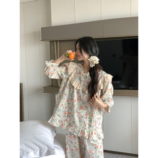 宫廷风睡衣女款春秋季纯棉碎花蕾丝娃娃领长袖长裤甜美少女家居服