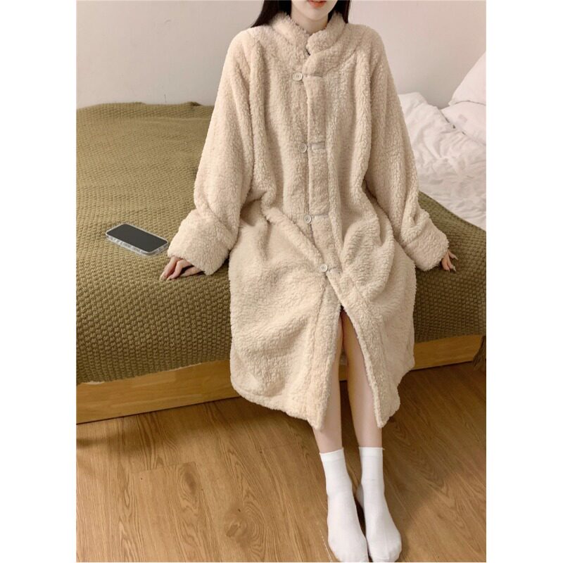 冬季新款新中式宽松睡衣女加厚保暖珊瑚绒中长睡裙毛茸茸软妹睡袍