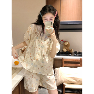 睡衣女夏季短袖短裤韩版甜美娃娃领可爱小狗全棉布家居服两件套装
