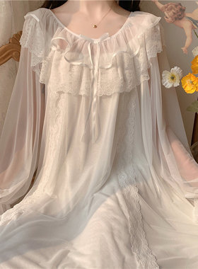网纱蝴蝶结蕾丝花边家居服睡裙女