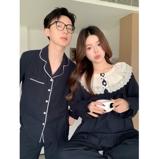 韩版甜美小清新宽松纯棉提花蕾丝娃娃领外穿家居服睡衣女长袖长裤