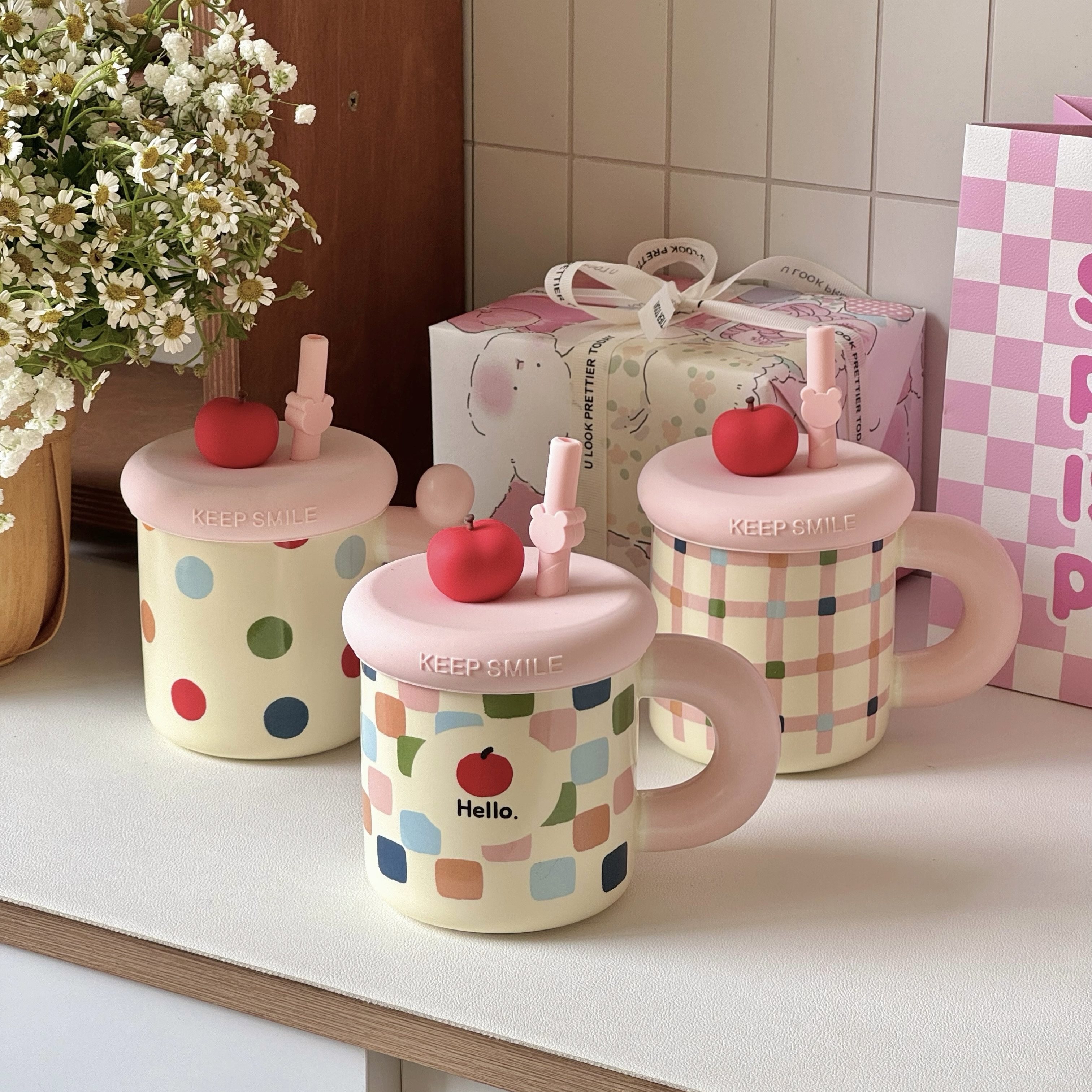 可爱粉色带盖吸管杯送闺蜜生日礼物马克杯水杯特别好看的陶瓷杯子