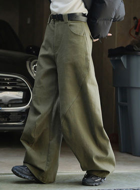 军绿色工装裤弯刀设计感休闲阔腿长裤女春季日系镰刀宽松直筒裤子