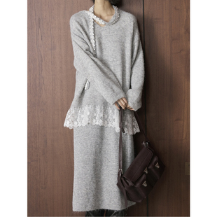 ManMans蕾丝羊毛毛衣围巾半身裙三件套冬季 女 新韩系时髦保暖套装