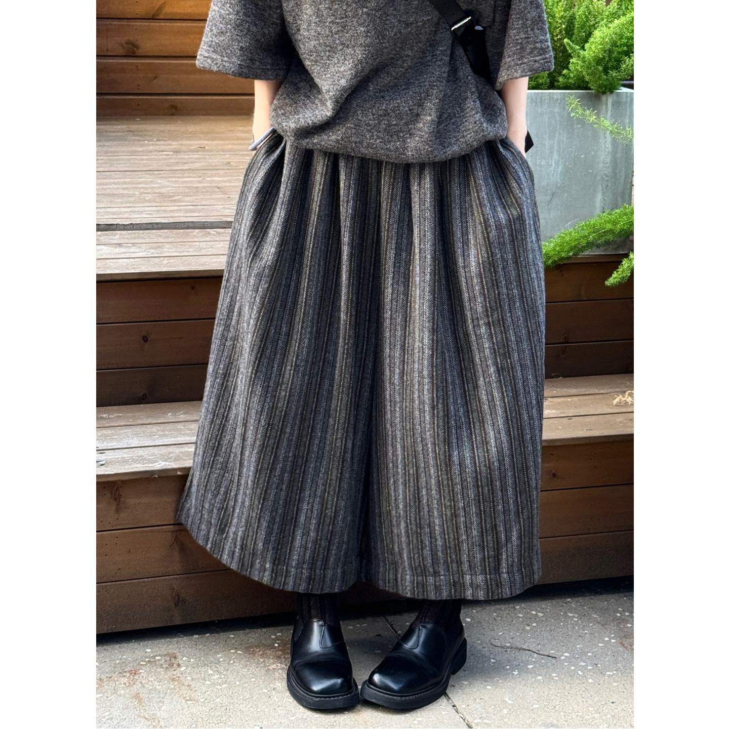 条纹毛呢八分阔腿裤宽松显瘦