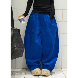 ManMans宝蓝弧形灯芯绒休闲裤 女 新日系慵懒风松紧腰宽松阔腿长裤