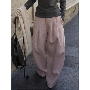 裤 复古时髦宽松显瘦加厚保暖长裤 冬季 韩版 女 新款 毛呢褶皱羊毛西装