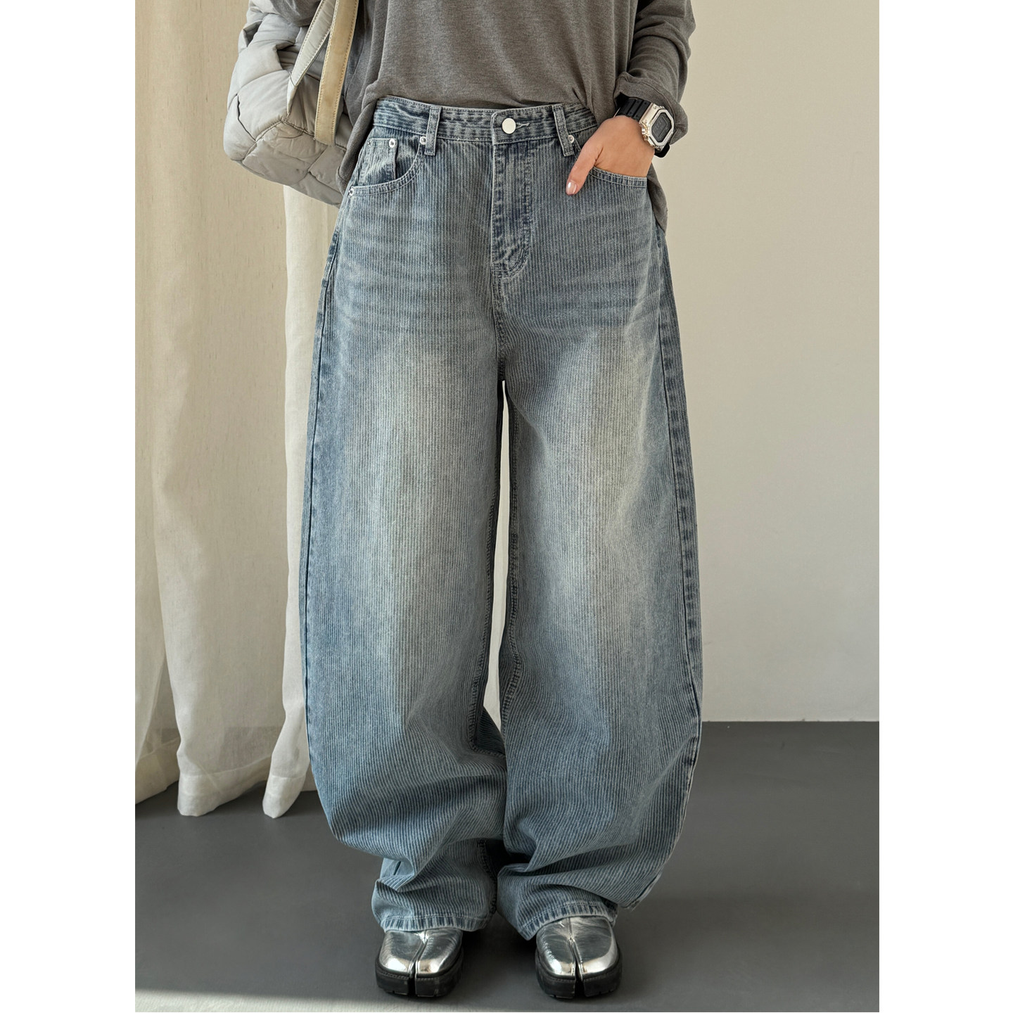 ManMans蓝色肌理感做旧水洗弯刀牛仔裤早春新韩系复古宽松长裤女,女装/女士精品,牛仔裤,淘宝优惠券,粉丝福利购,淘宝优惠卷