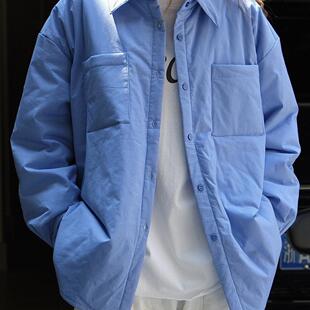 蓝色格纹夹棉衬衫 休闲轻薄保暖宽松廓形格子棉服外套女 秋冬韩版