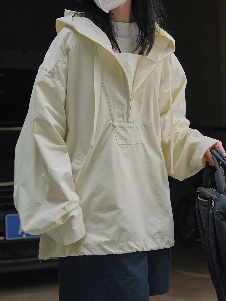 米白休闲都市户外连帽夹克春季新韩版舒适显瘦廓形防风外套卫衣女