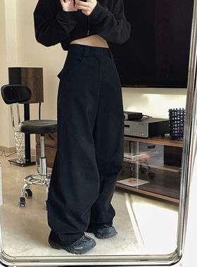 黑色弧形弯刀裤设计感阔腿休闲春季日系宽松工装裤加厚镰刀长裤女