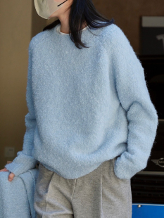 蓝色羊毛圈圈纱毛衣秋冬慵懒风奶fufu宽松保暖套头休闲针织上衣女