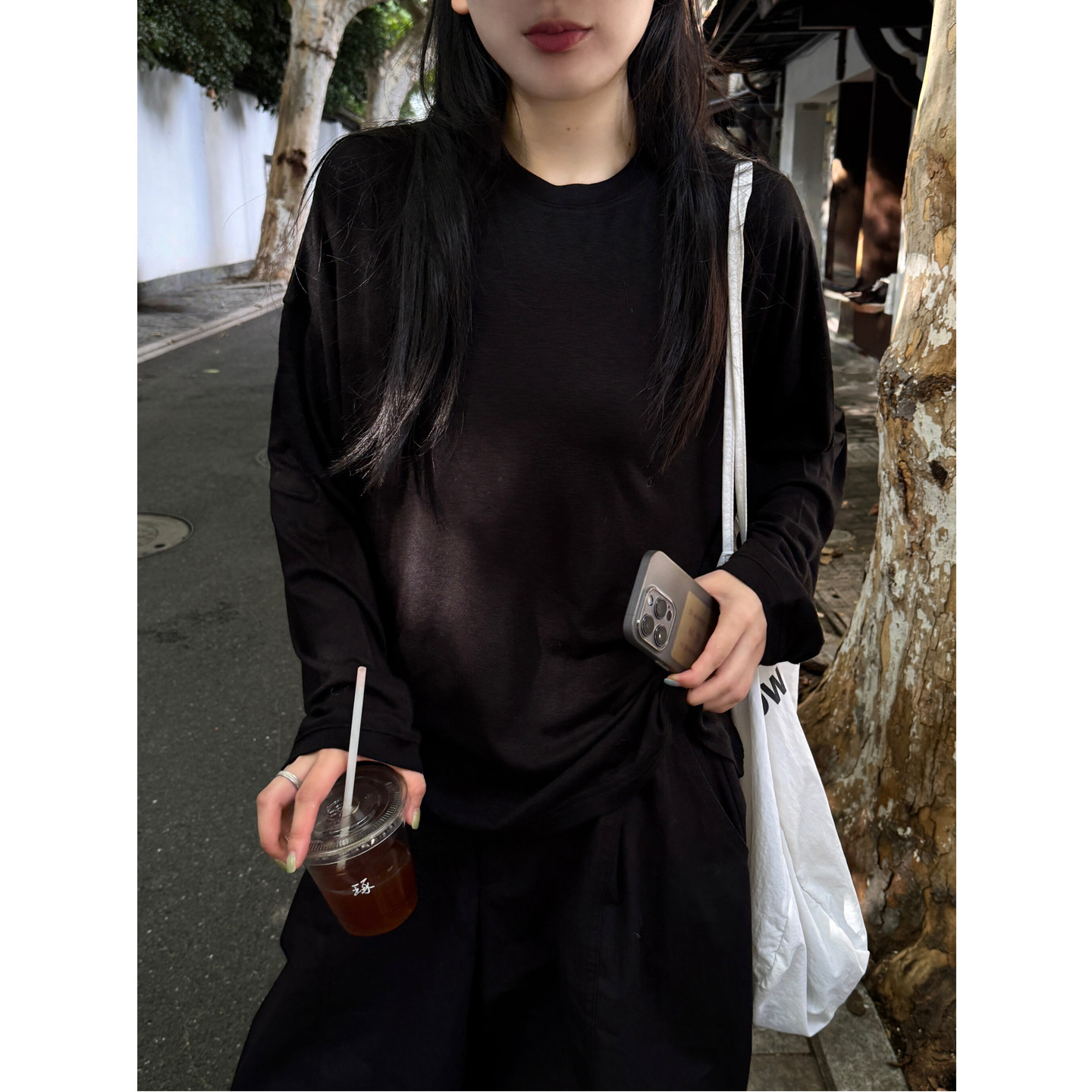 ManMans黑色仿羊绒圆领长袖T恤早秋新韩版柔软宽松显瘦休闲上衣女