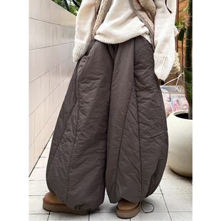 日系宽松阔腿弯刀气球棉裤 新款 冬季 ManMans灰绿夹棉抽绳休闲裤