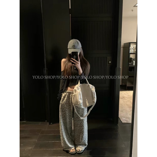 【运补6-10】YOLO SHOP 雾感豹纹印花休闲宽松阔腿裤女夏季高克重