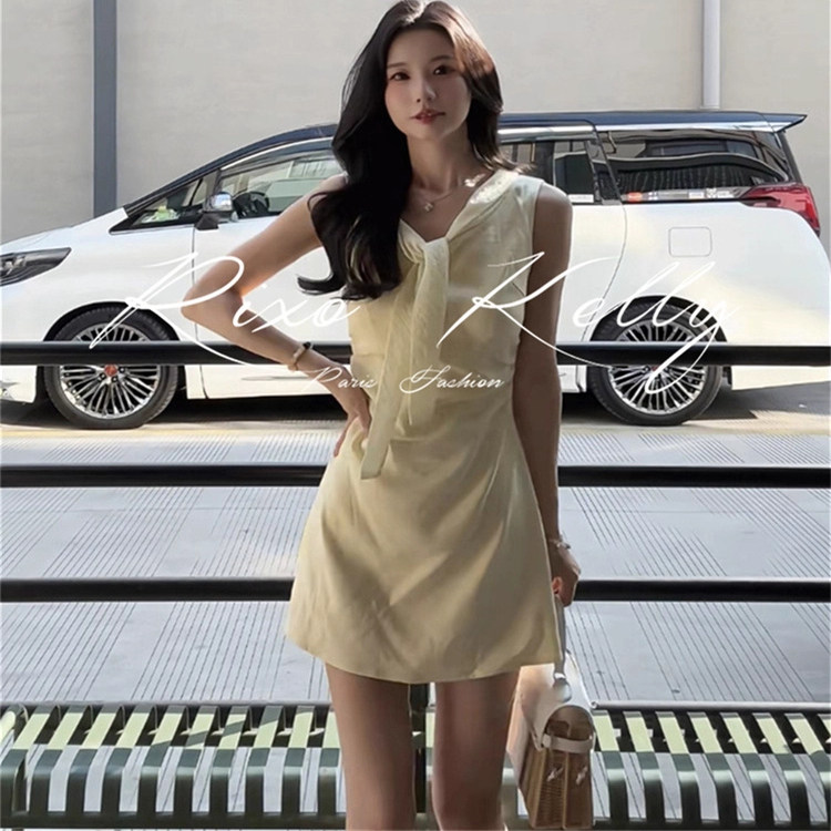 RIXO STREET韩系黄色背心连衣裙纯欲高级感气质系带V领无袖裙子