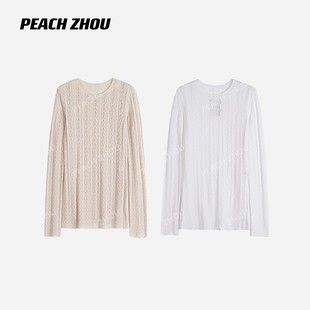 『PEACHZHOU』肌理蕾丝镂空修身圆领针织衫温柔纯欲小众毛织长袖