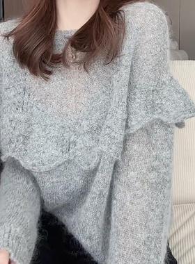 韩版2025春秋穿搭钩花镂空荷叶边灰色舒适软糯宽松百搭圆领上衣