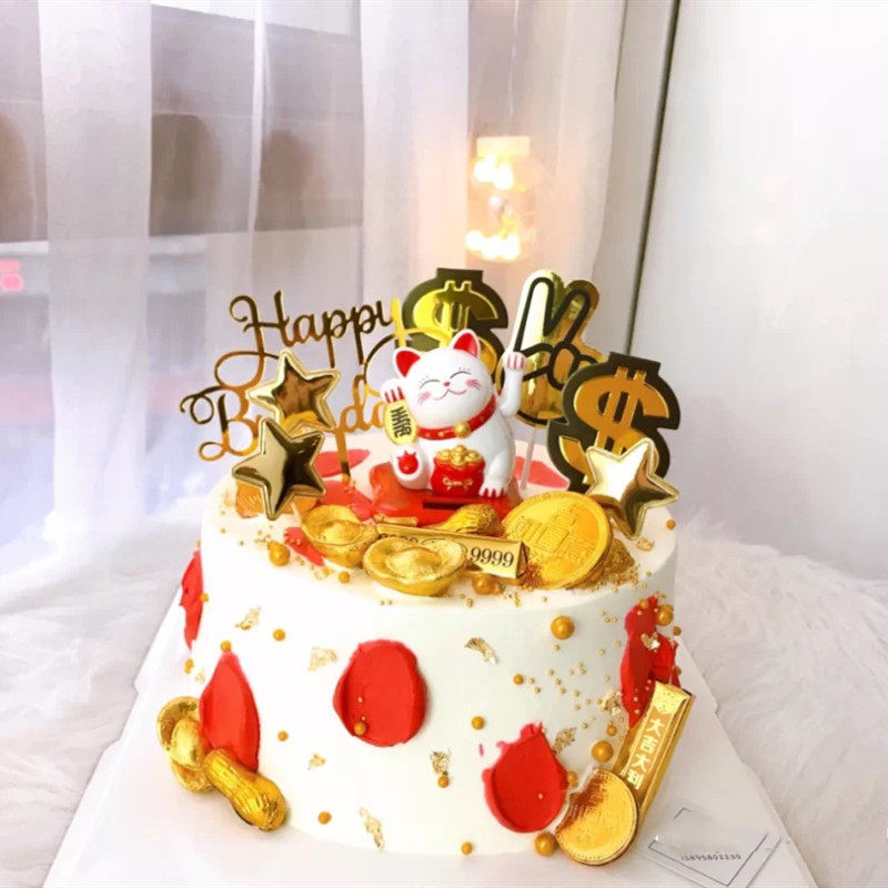 2021新年招财进宝财神爷招财猫祝福语蛋糕装饰摆件恭喜发财插牌