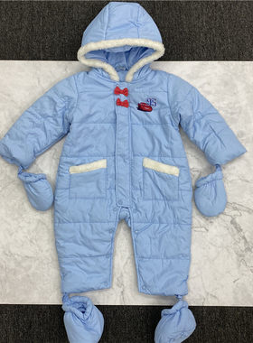 秋冬新款男童夹棉长爬棉服带帽外出服领结装饰带手套脚套