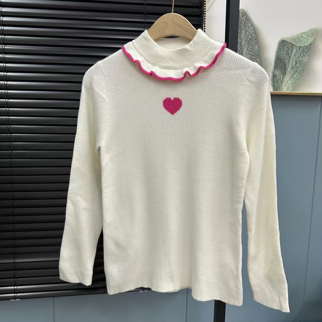 微瑕水家女童半高领木耳边爱心长袖针织打底衫秋冬新款白色中大童