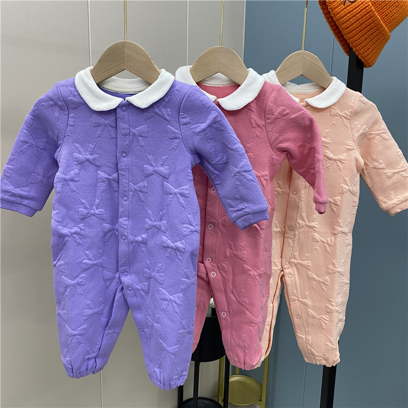 秋冬新款女童娃娃领空气棉长爬蝴蝶结设计连体衣不包脚宝宝前开扣