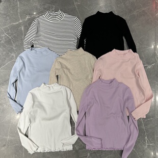 128 T恤中大童女百搭贴身打底手感软 164外贸欧美弹力棉半高领长袖