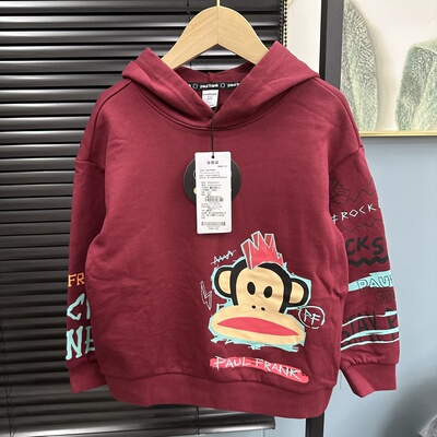 110-116男童酒红连帽毛圈棉卫衣卡通印花中大童休闲百搭美式潮酷