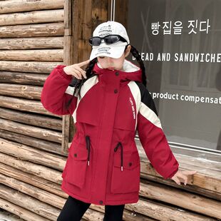 女童加绒拼色棉服2025秋冬洋气中长款加厚派克服中大儿童上衣外套