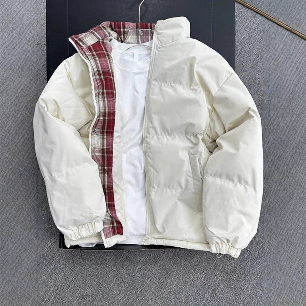 黑色格子拼接夹克棉服男秋冬季美式潮牌立领面包服青少年棉衣外套