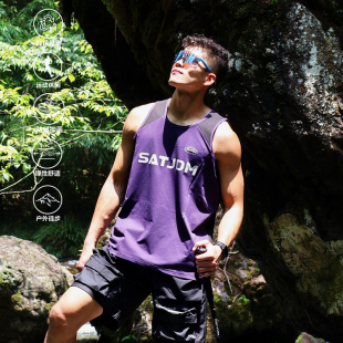 SATJDM凉感美式 窄肩拼接户外运动跑步国潮健身T恤 背心速干无袖