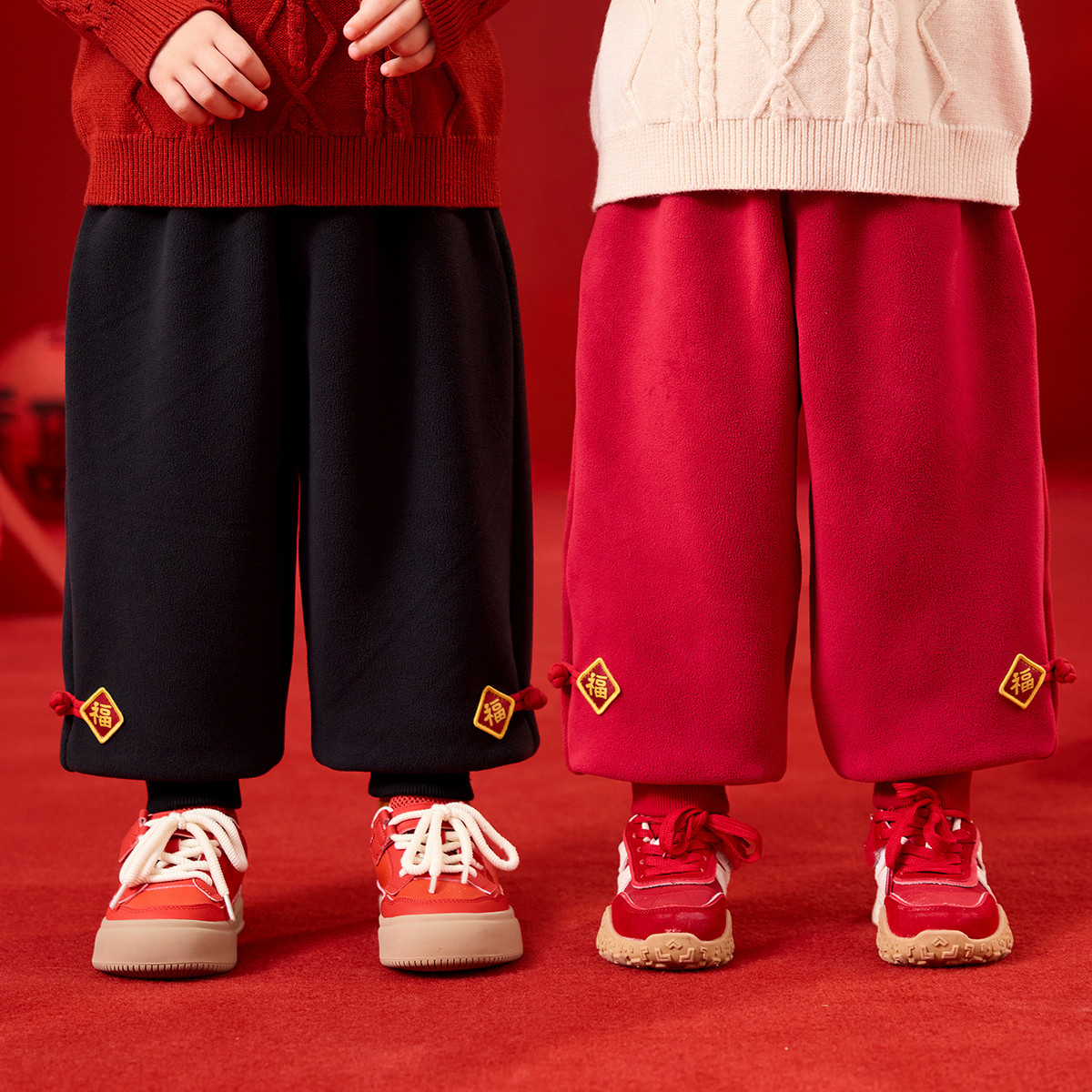 嘟嘟家男童拜年服儿童裤子宝宝新中式红年服黑色国风加绒新年女童