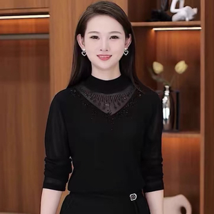 加绒加厚打底衫黑色修身短款小衫网纱长袖春秋新款半高领烫钻上衣