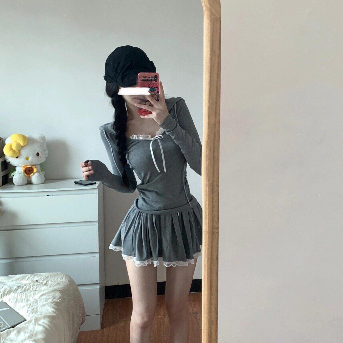 辣妹两件套a连帽灰色拼接