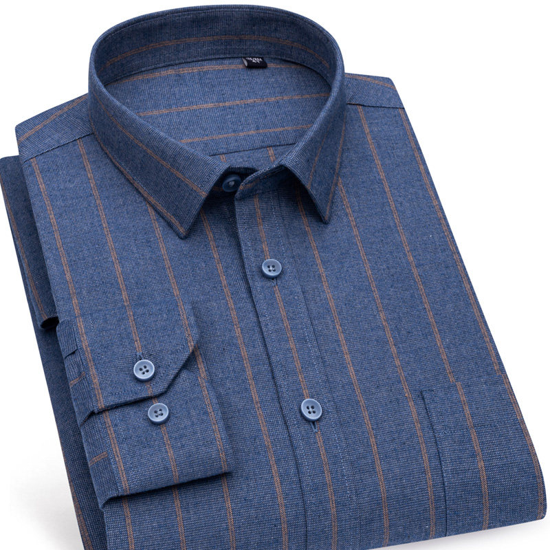 var2026秋冬新款中老年全棉法兰绒男士长袖衬衫条纹厚款磨毛打底