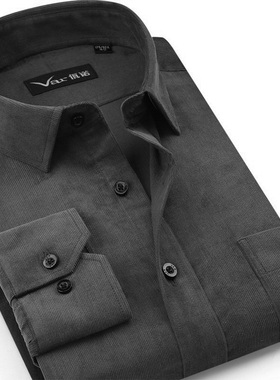 var高级感男式长袖纯棉灯芯绒衬衣商务休闲烟灰色保暖打底衫