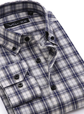 var高端春秋季新款羊毛男格子长袖衬衫有口袋高级感绅士时尚男装