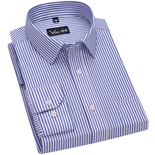 var高端弹性抗皱男士蓝条纹商务正装衬衫针织抗皱有口袋打底开衫