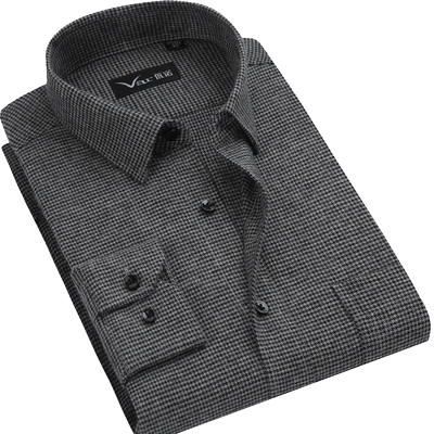 全棉尖领有袋长袖千鸟格男衬衫厚