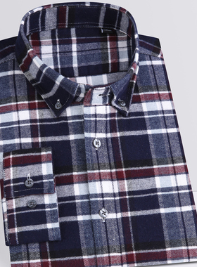 var轻奢新款全棉长袖男士衬衫领尖扣宽松磨毛法兰绒格子时尚男装