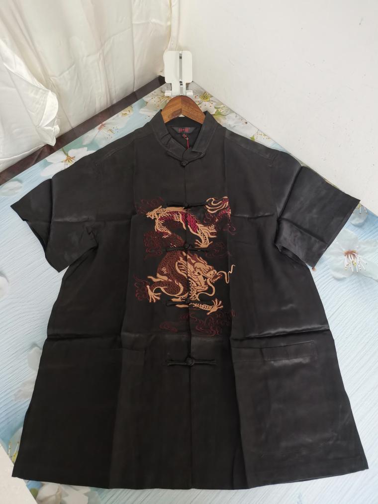 纯色拷纱短袖爸爸衬衫丝博立领