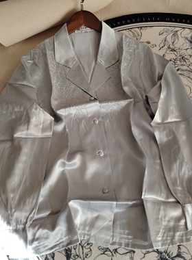高端真丝绣衣手工刺绣绣花桑蚕丝素绉缎西服领长袖衬衫领纯色衬衣