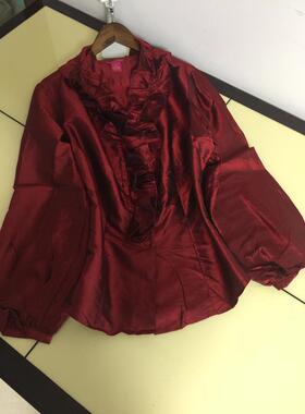 真丝双宫衬衫荷叶领长袖桑蚕丝绸大码显瘦遮肉上衣修身纯色衬衣