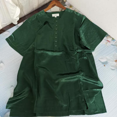 真丝桑蚕丝绸缎纯色家居服圆领中长款短袖上衣短款套装可外穿